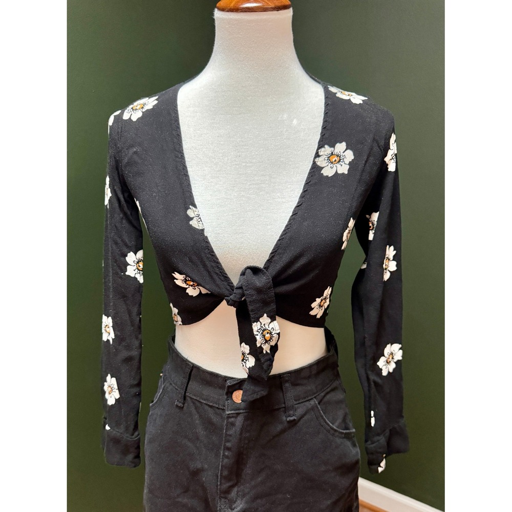 Kendall & Kylie Floral Tie Front Crop Top Long Sleeve‎ Blouse Size S